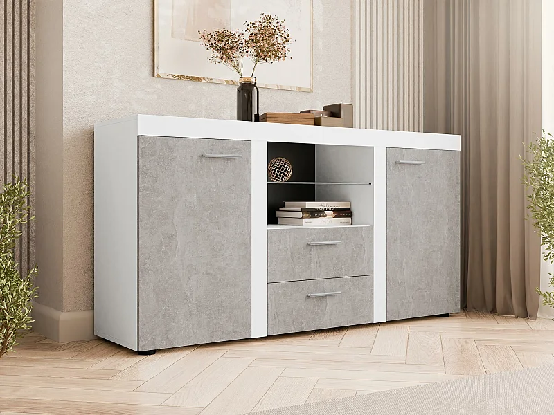 Commode Tucson 104, Béton|Blanc, Tiroirs et portes, Nombre de tiroirs: 2, 82x157x40cm