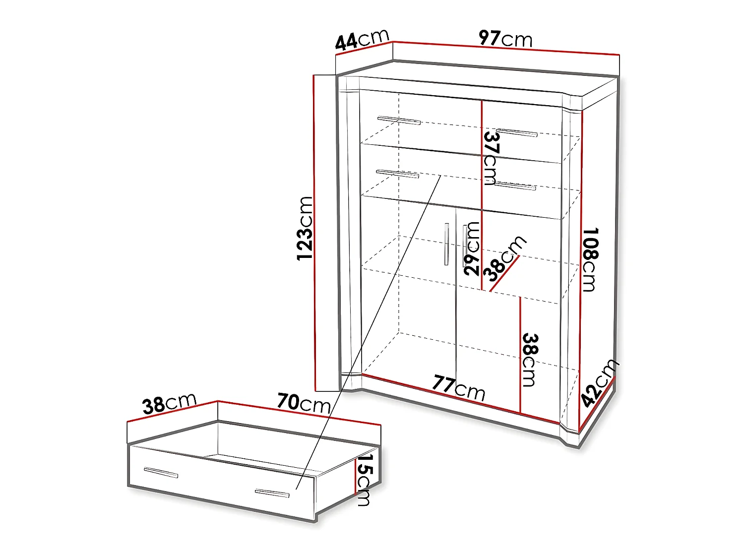 Cómoda Lorelie 105, Com gavetas e portas, Número de gavetas: 2