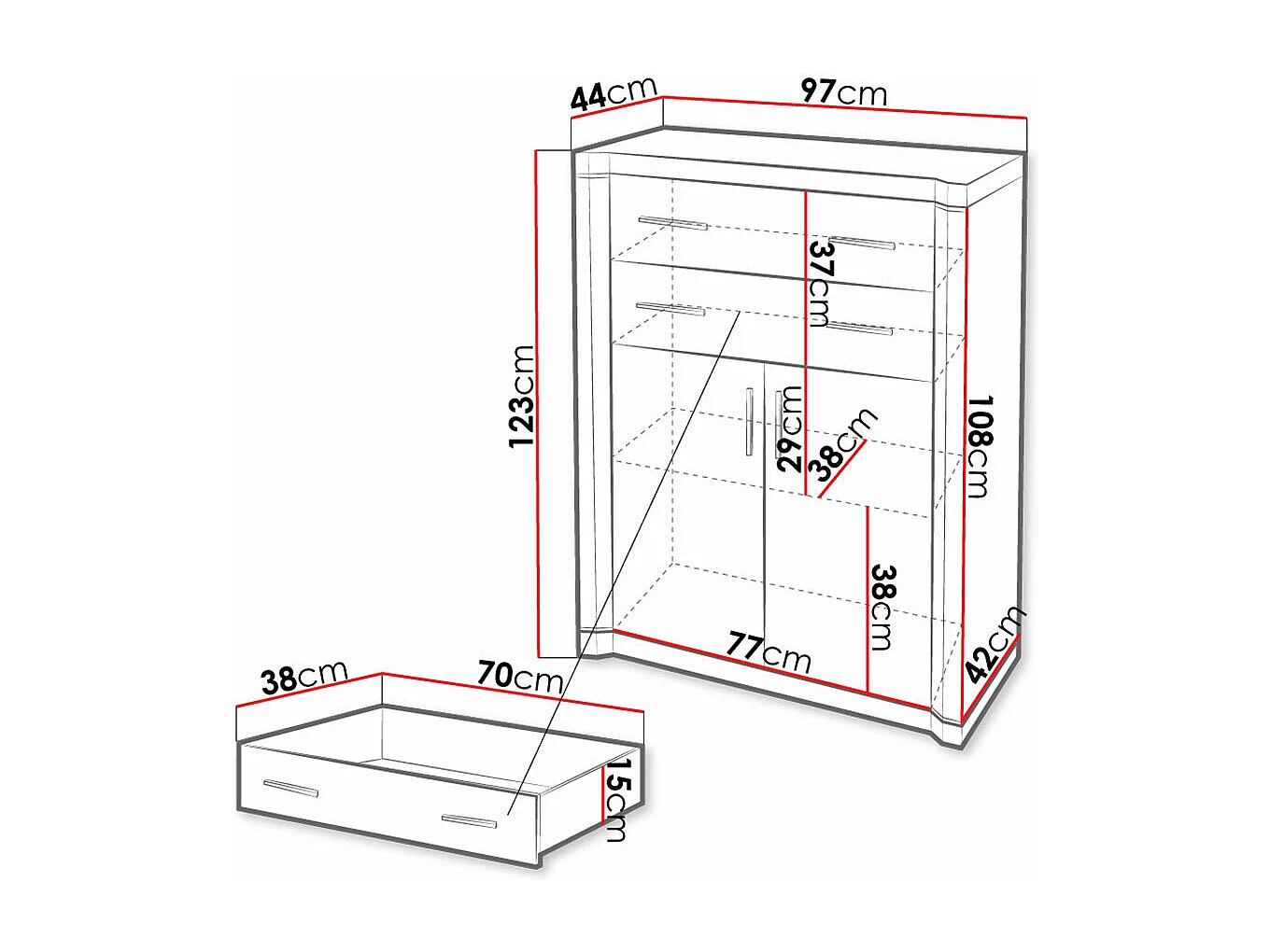 Cómoda Lorelie 105, Trufa roble, Con cajones y puertas, Número de cajones: 2, 123x97x44cm