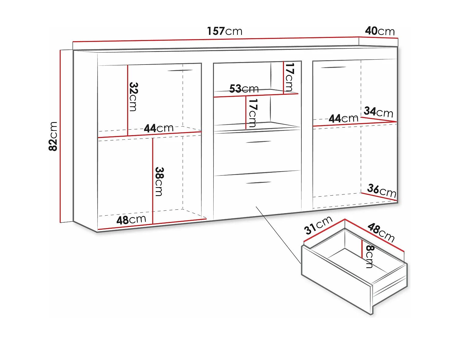 Commode Tucson 104, Blanc, Tiroirs et portes, Nombre de tiroirs: 2, 82x157x40cm