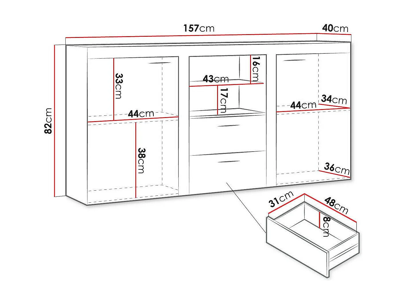 Cómoda Tucson 104, Com gavetas e portas, Número de gavetas: 2