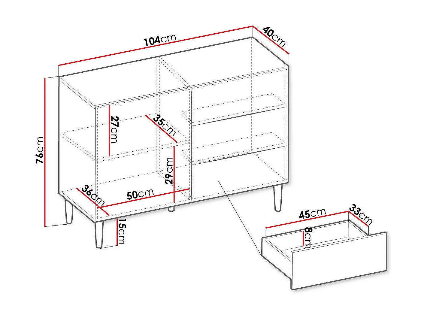 Commode Comfivo Mavmono 100, Noir, Avec tiroirs et portes, 76x104x40cm