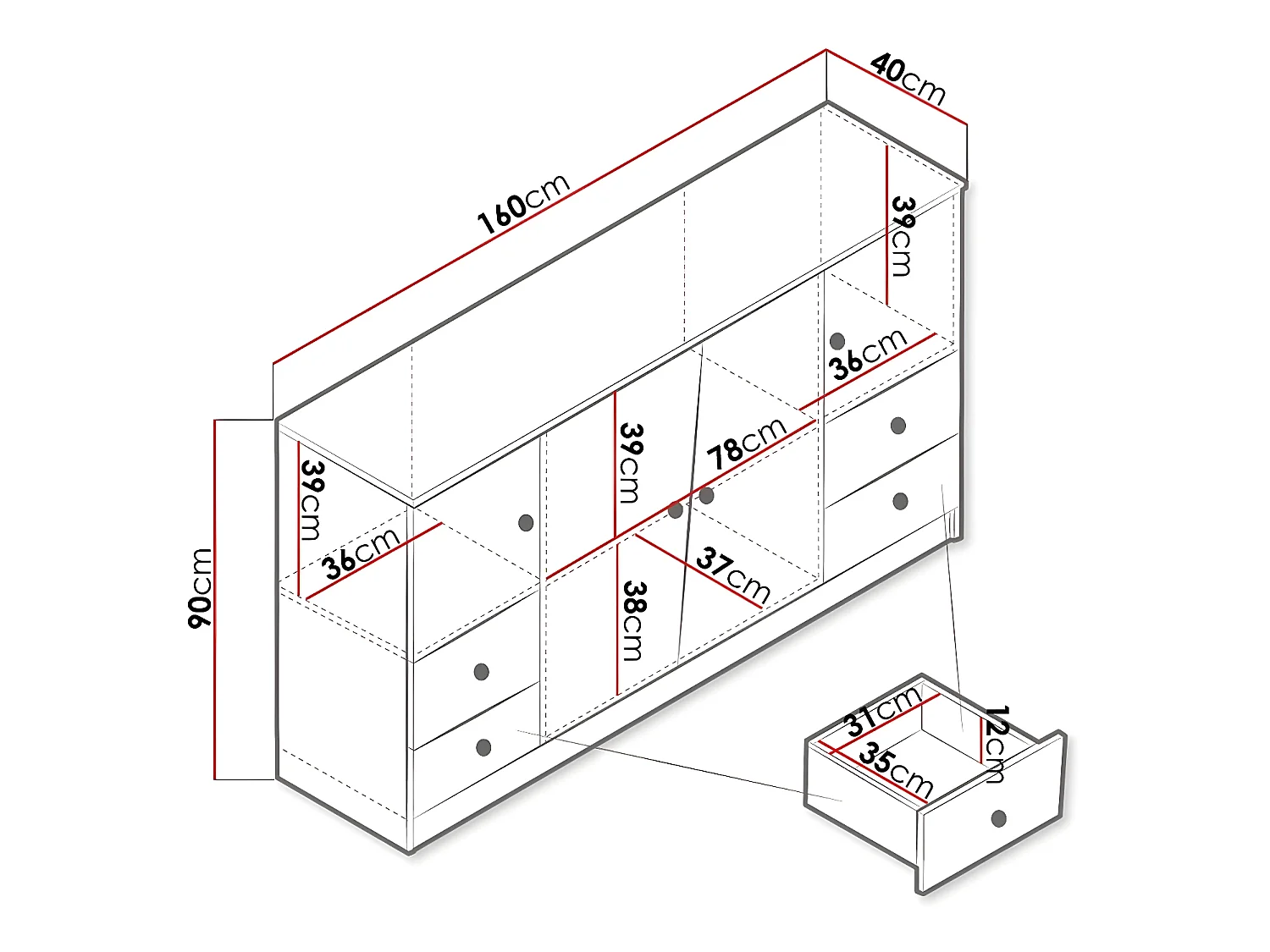 Cómoda Almira 105, Com gavetas e portas, Número de gavetas: 4