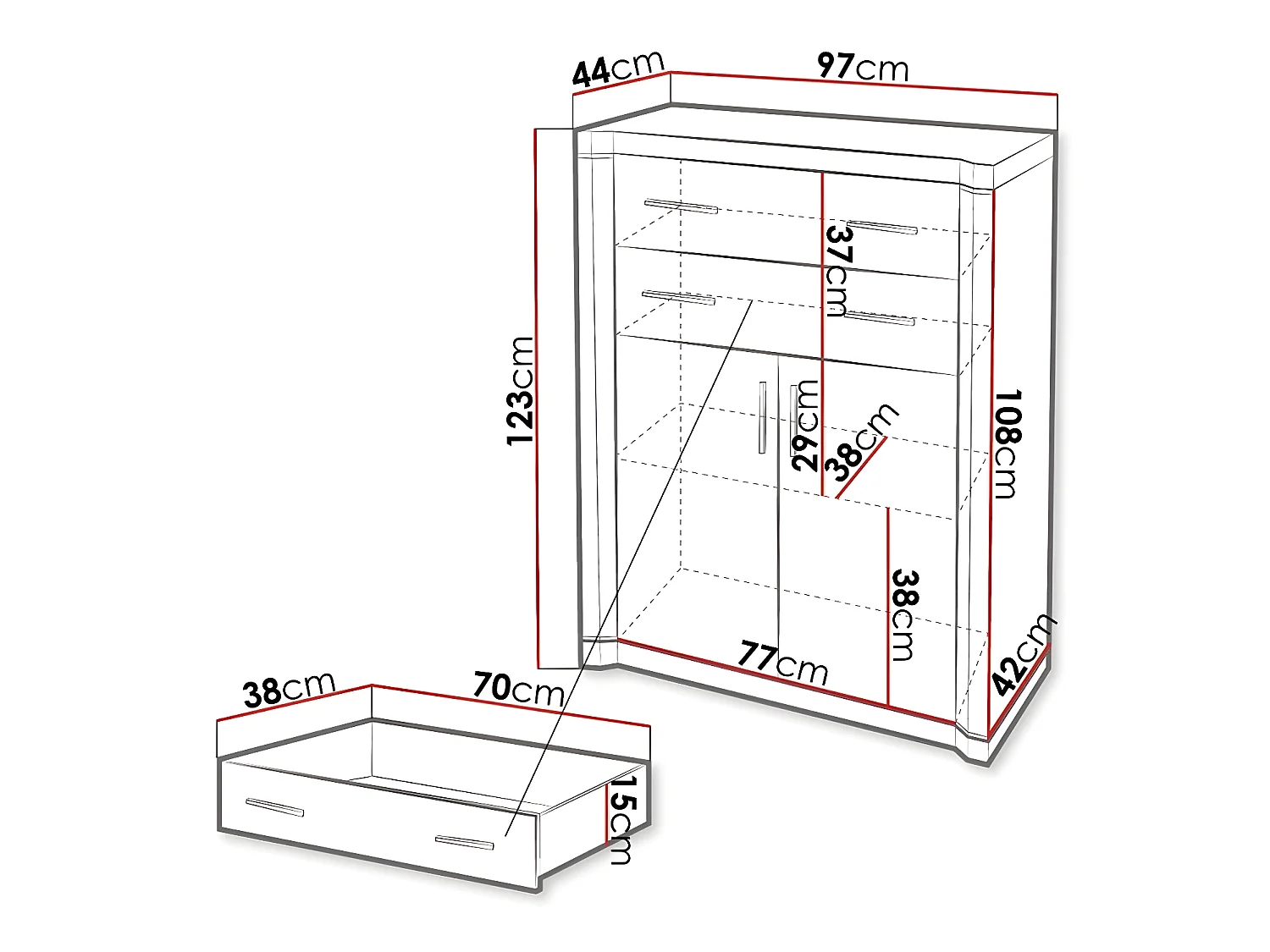 Cómoda Lorelie 105, Roble Sonoma, Con cajones y puertas, Número de cajones: 2, 123x97cm