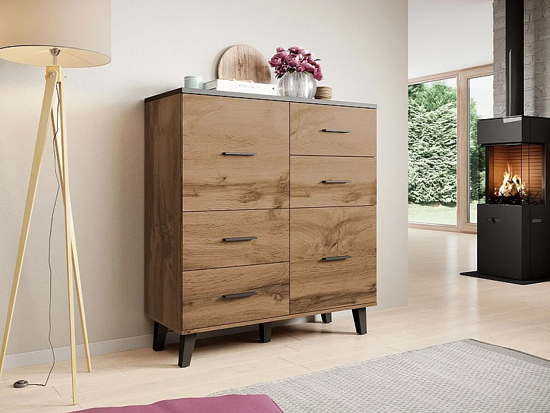 Cómoda Larfloi 104, Roble wotan|Negro, Con cajones y puertas, Número de cajones: 4, 119cm