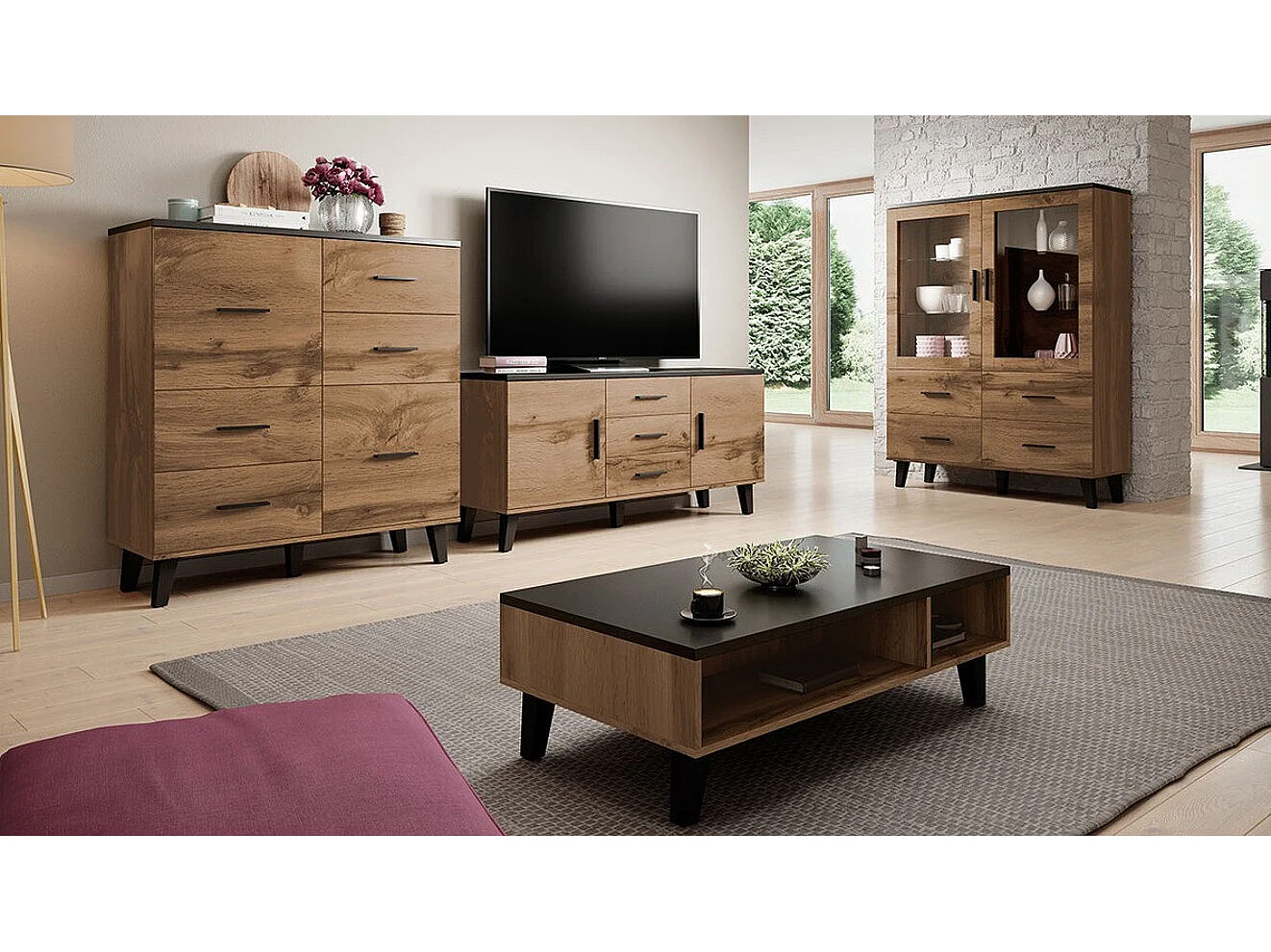 Cómoda Larfloi 104, Roble wotan|Negro, Con cajones y puertas, Número de cajones: 4, 119cm