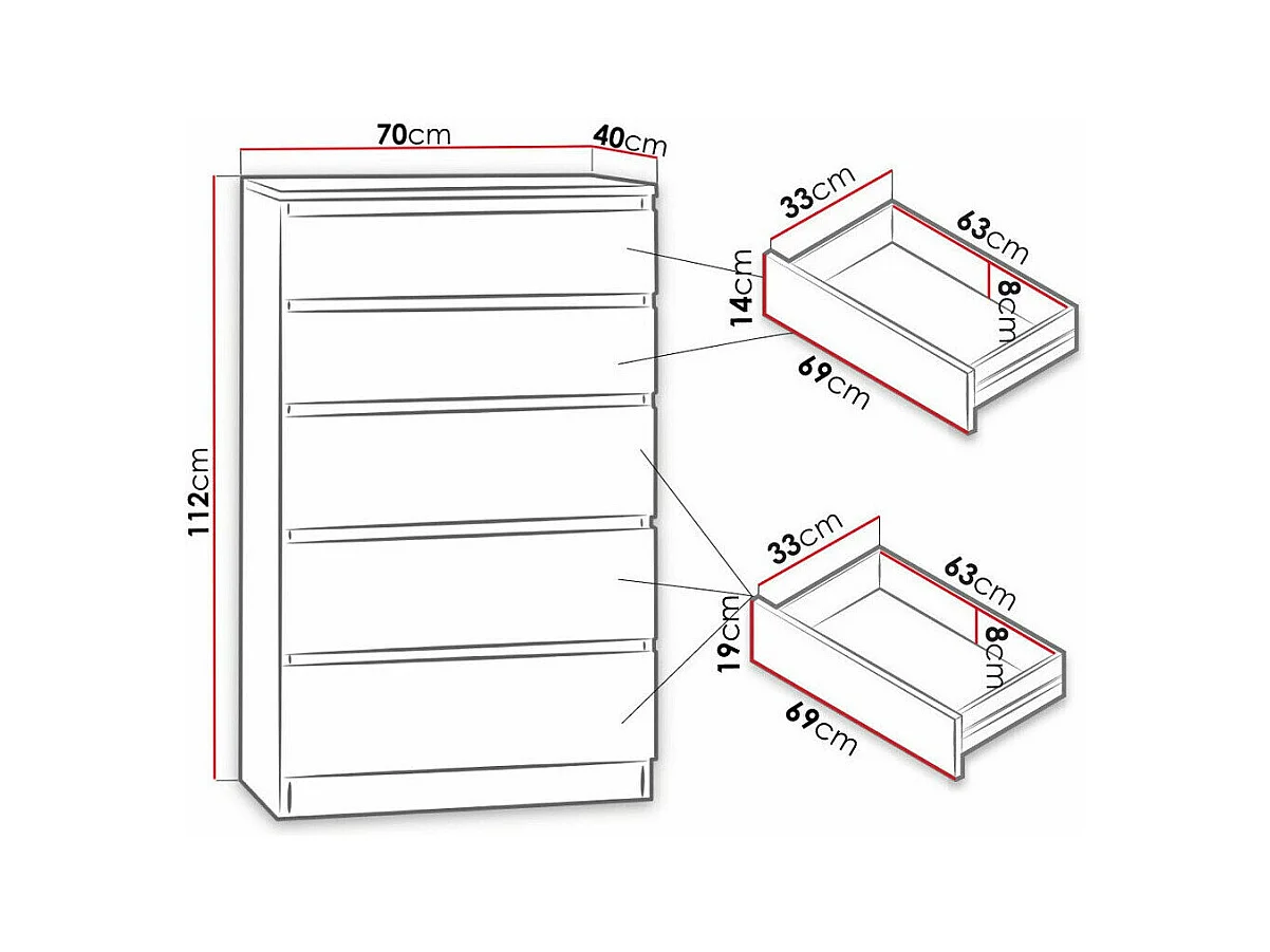Cómoda Comfivo 231, Blanco, Con cajones, Número de cajones: 5, 112x70x40cm