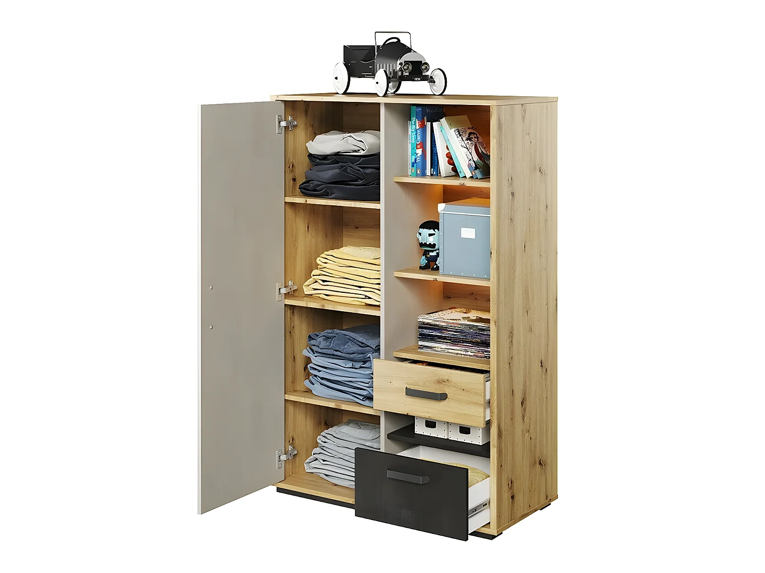 Commode Orlveno 104, Chêne Artisan|Gris|Noir, Avec tiroirs et portes, 138x90x42cm