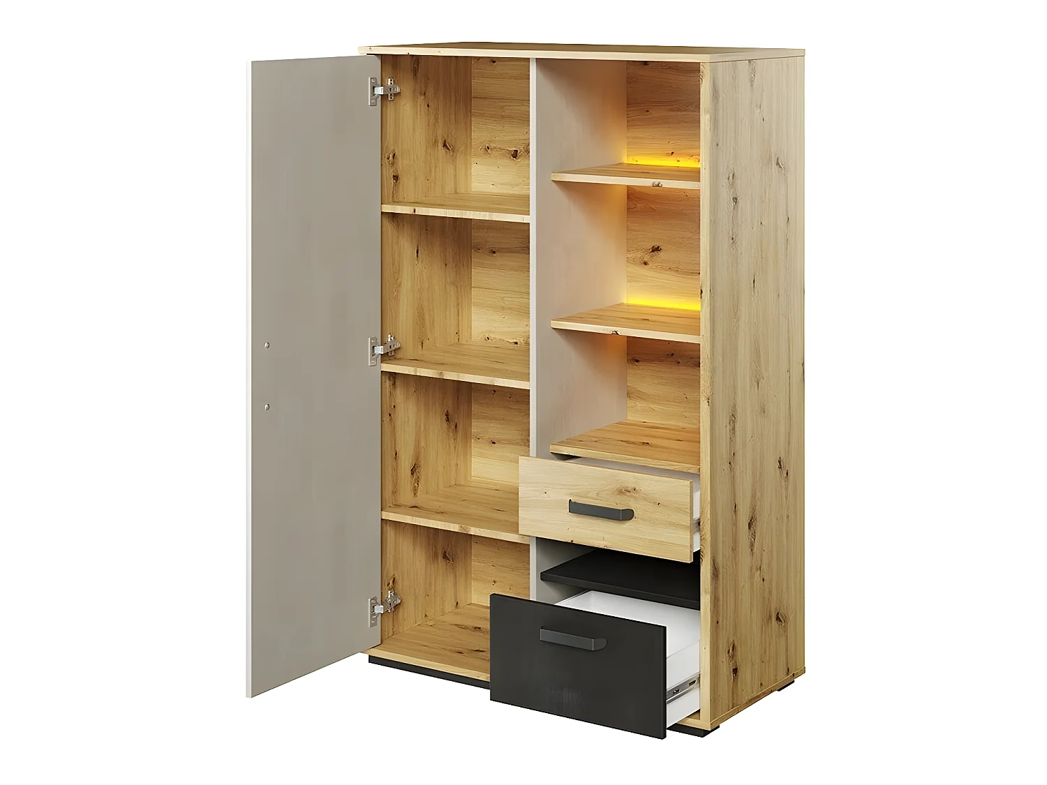 Commode Orlveno 104, Noir|Chêne Artisan|Gris, Tiroirs et portes, 138x90x42cm