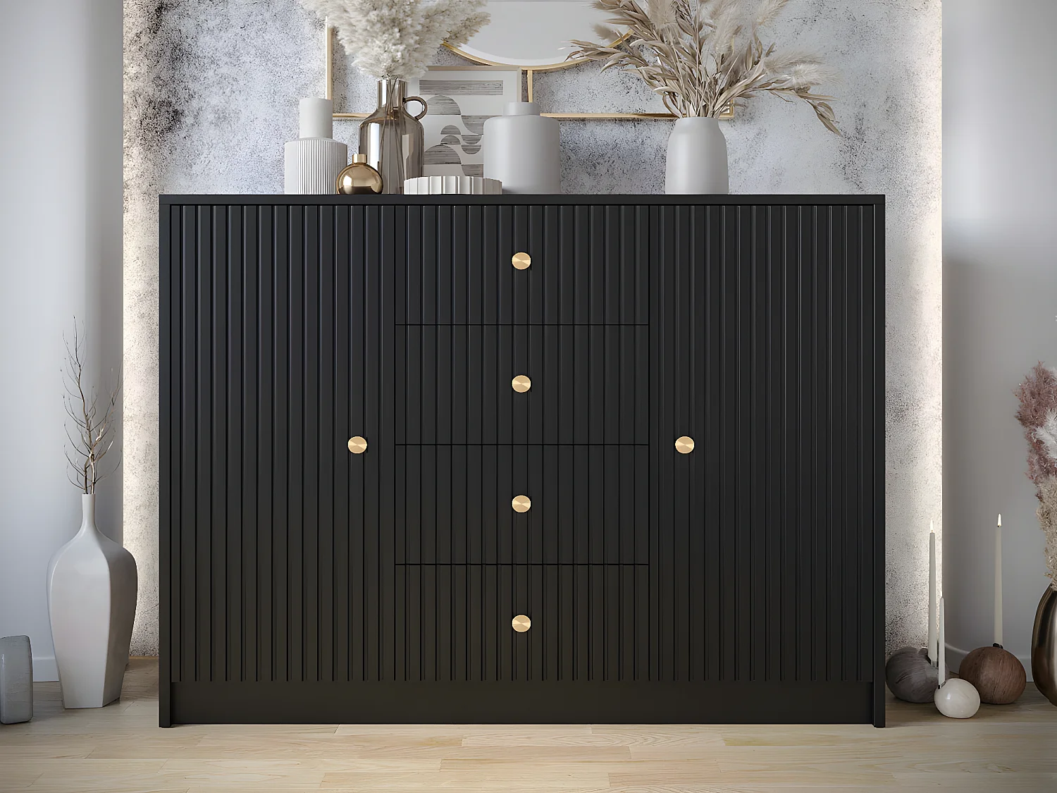 Commode Hartford 425, Or|Noir, Avec tiroirs et portes, Nombre de tiroirs: 4.00, 100x119cm