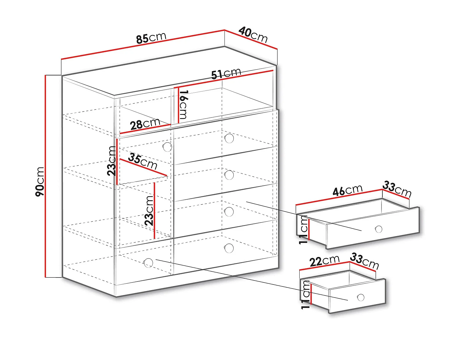 Commode Tesmonu 108, Gris|Blanc|Chêne, Tiroirs et portes, Nombre de tiroirs: 5, 90x85cm