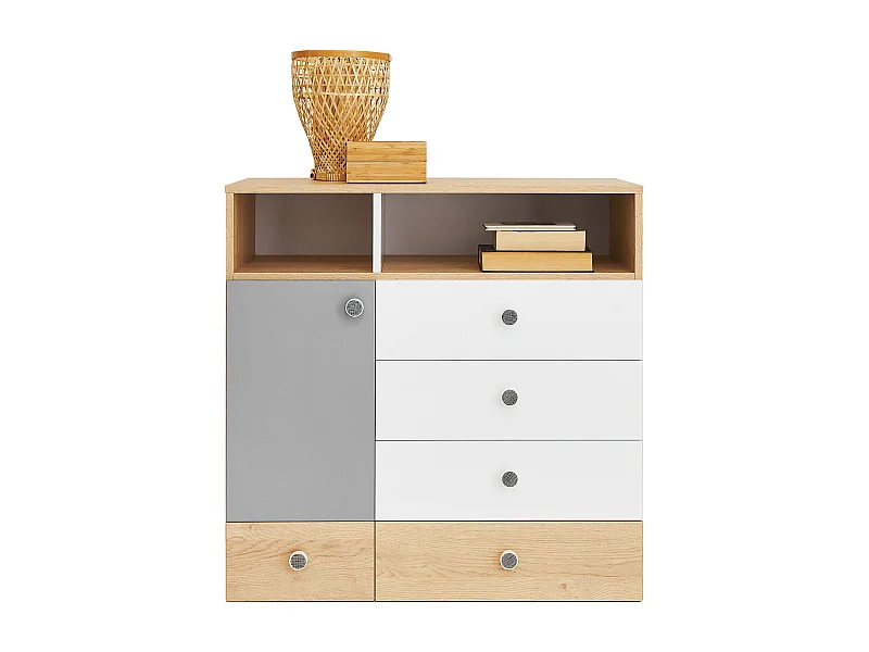 Commode Tesmonu 108, Gris|Blanc|Chêne, Tiroirs et portes, Nombre de tiroirs: 5, 90x85cm