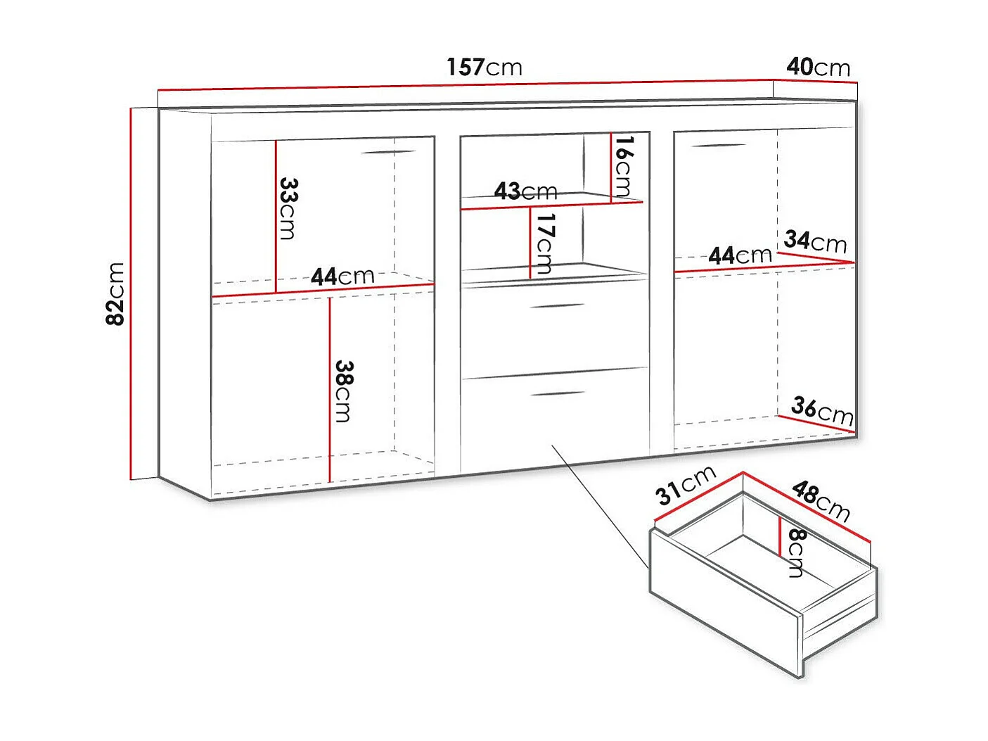 Cómoda Tucson 104, Com gavetas e portas, Número de gavetas: 2