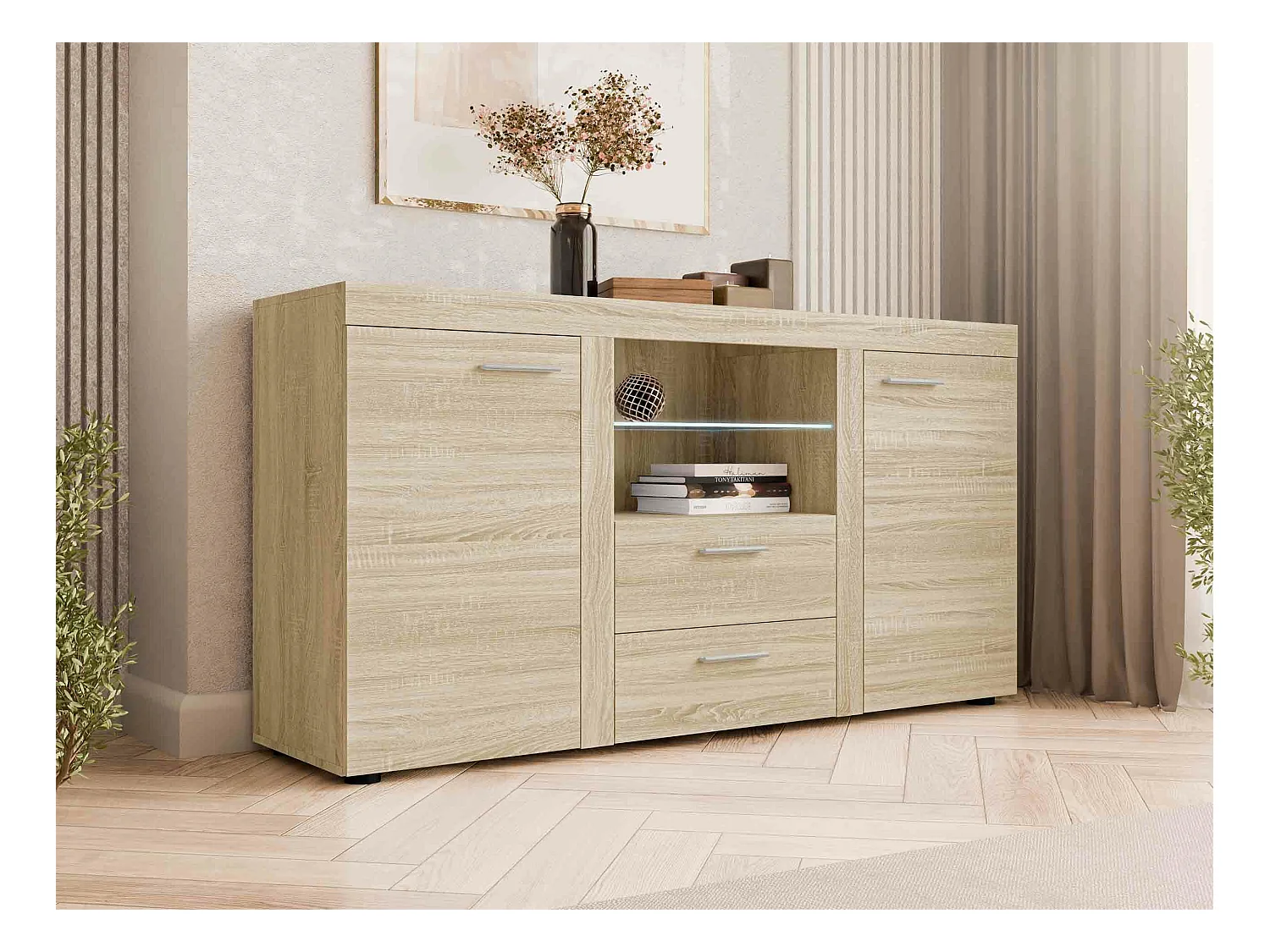Commode Tucson 104, Sonoma chêne, Avec tiroirs et portes, Nombre de tiroirs: 2, 82x157cm