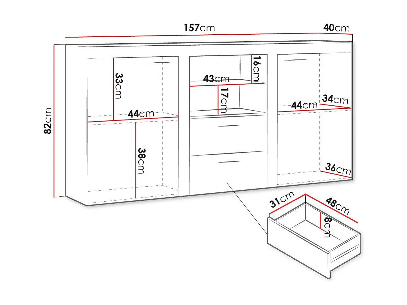 Cómoda Tucson 104, Roble de lefkada|Grafito, Con cajones y puertas, Número de cajones: 2