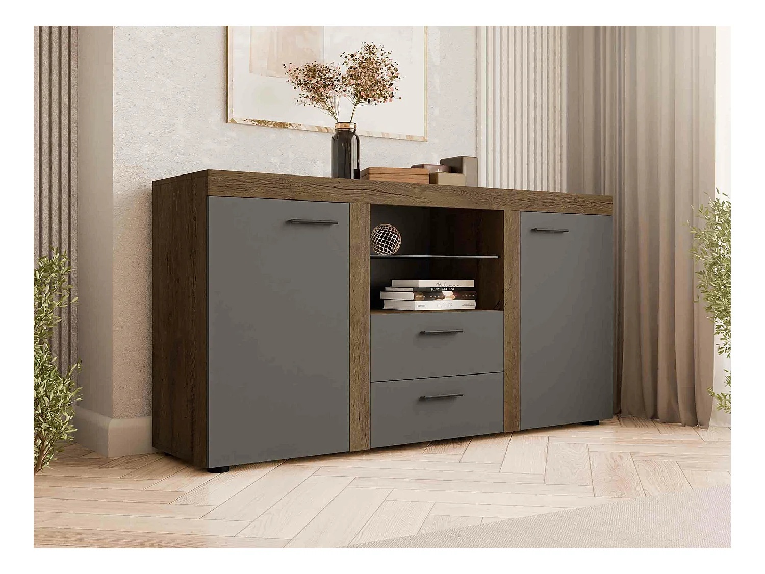 Commode Tucson 104, Chêne de Lefkas|Graphite, Avec tiroirs et portes, 82x157x40cm