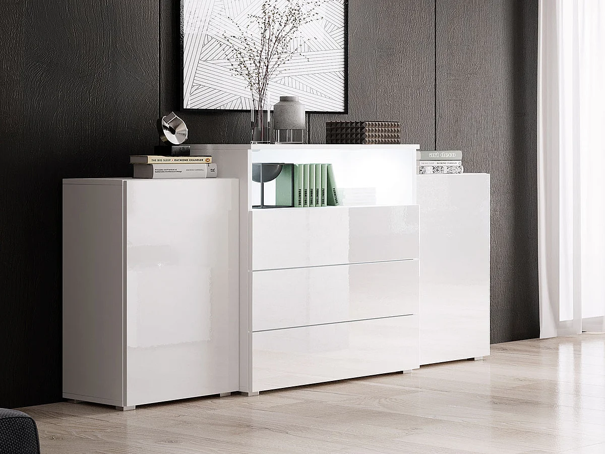 Cómoda Sarasota 127, Blanco|Blanco brillante, Con cajones y puertas, Número de cajones: 3