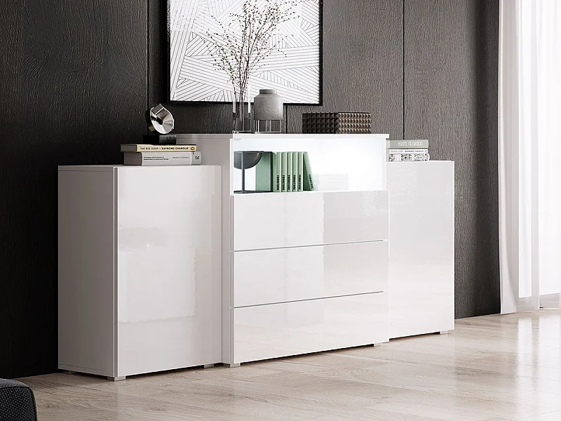 Commode Sarasota 127, Blanc|Blanc brillant, Tiroirs et portes, Nombre de tiroirs: 3, 81cm