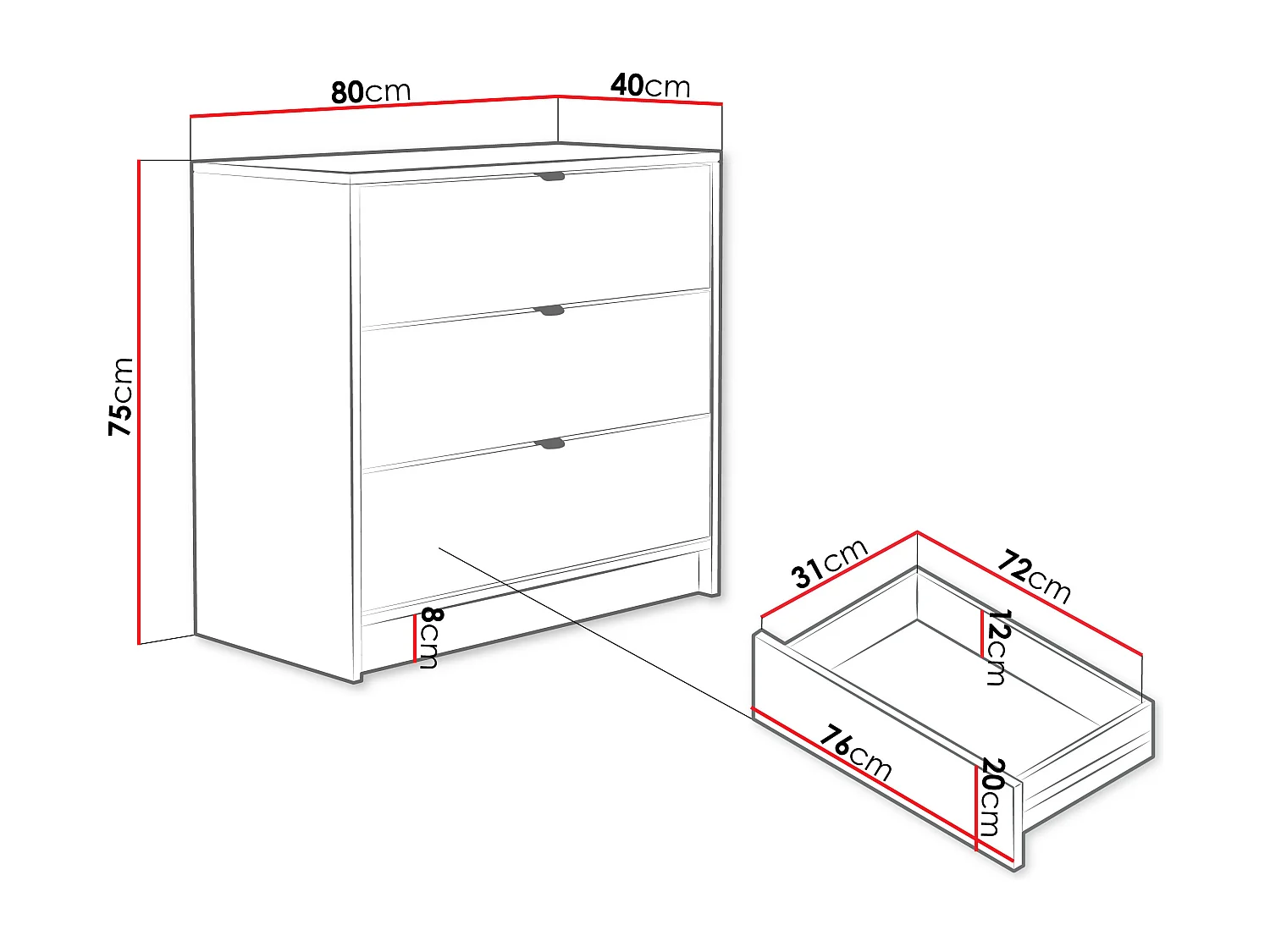 Commode Comfivo Larmire 102, Blanc, Avec tiroirs, 75x80x40cm