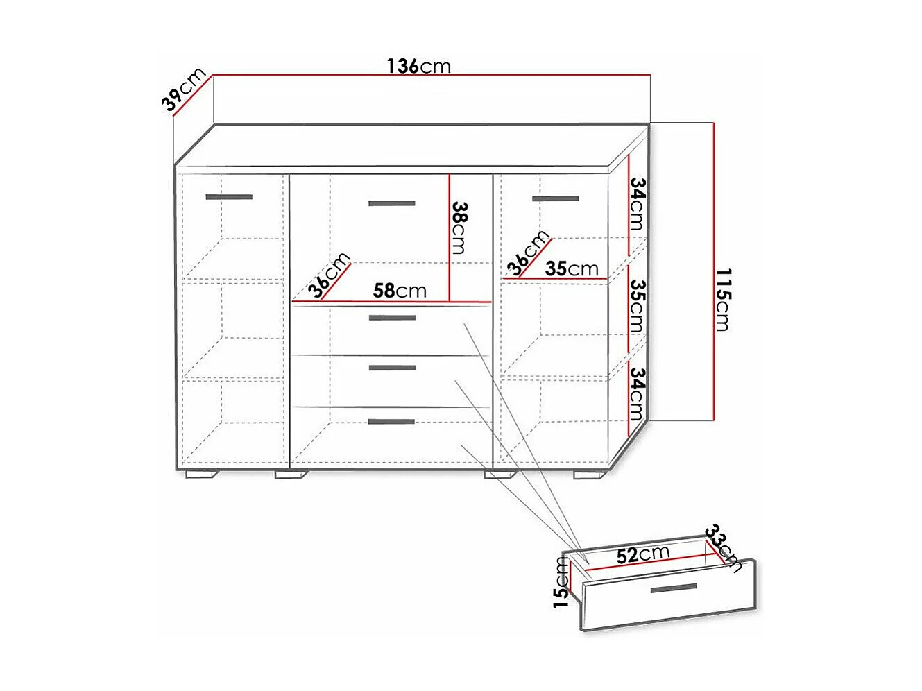 Cómoda Nashville 101, Con cajones y puertas, Número de cajones: 3, 115x136x39cm