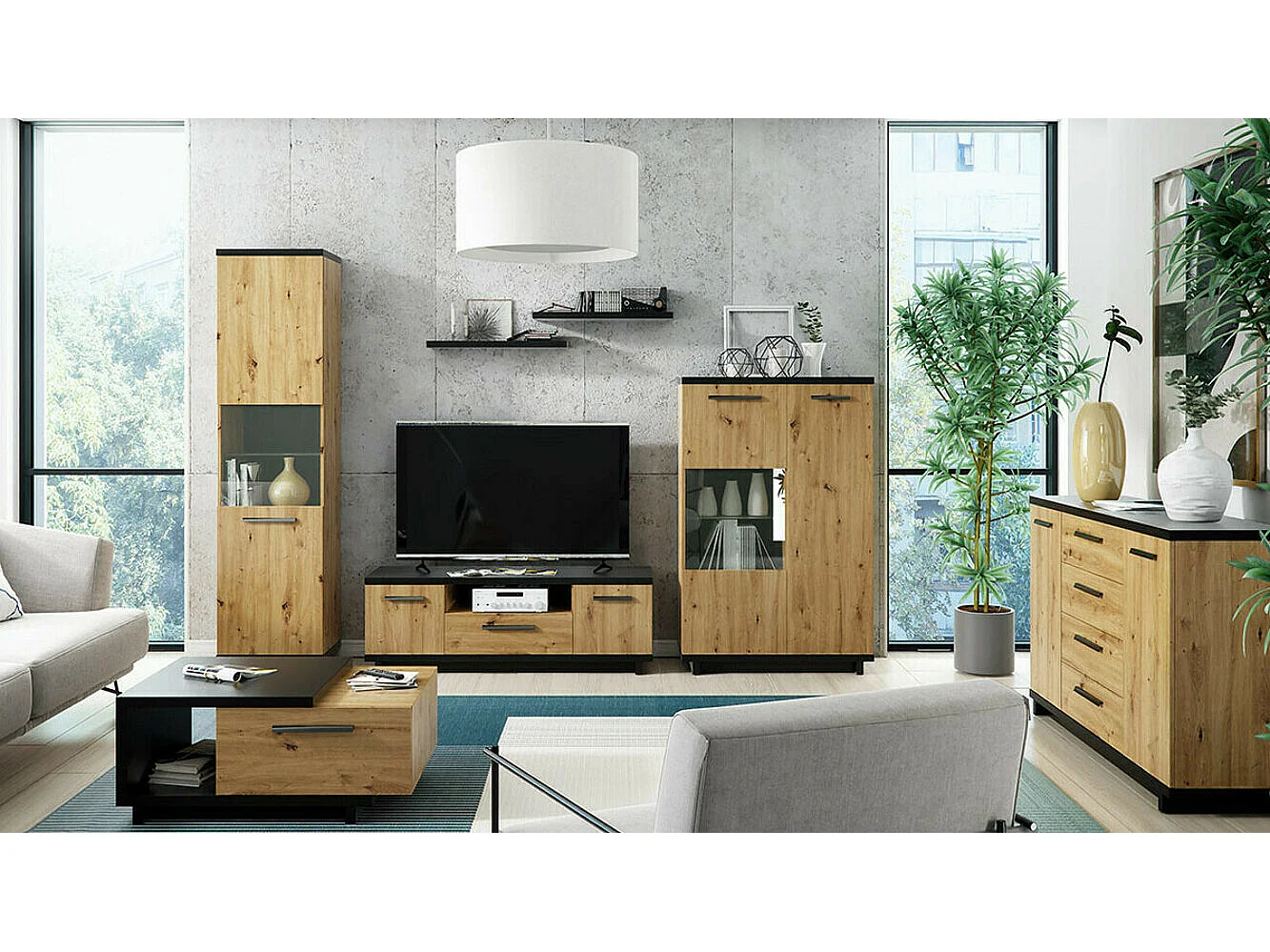 Cómoda Morlira 100, Roble Artisan|Negro mate, Con cajones y puertas, Número de cajones: 4