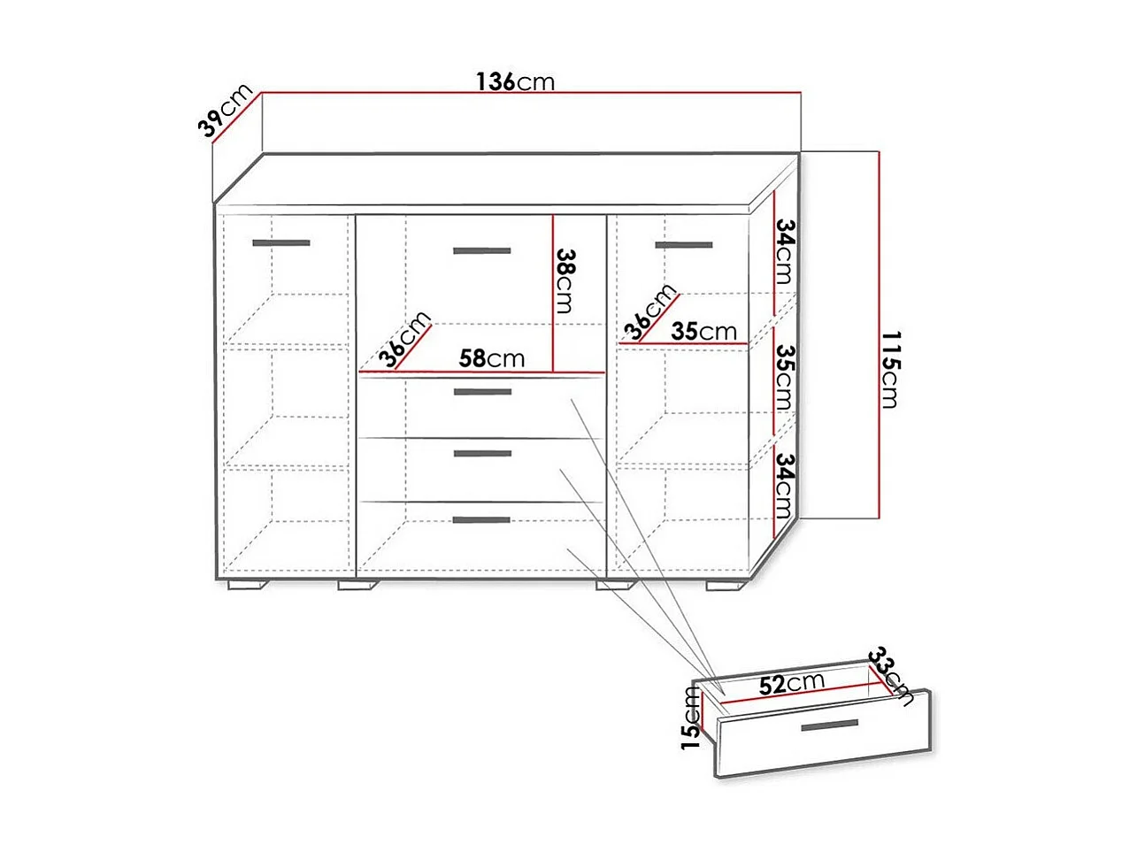 Cómoda Nashville 101, Com gavetas e portas, Número de gavetas: 3