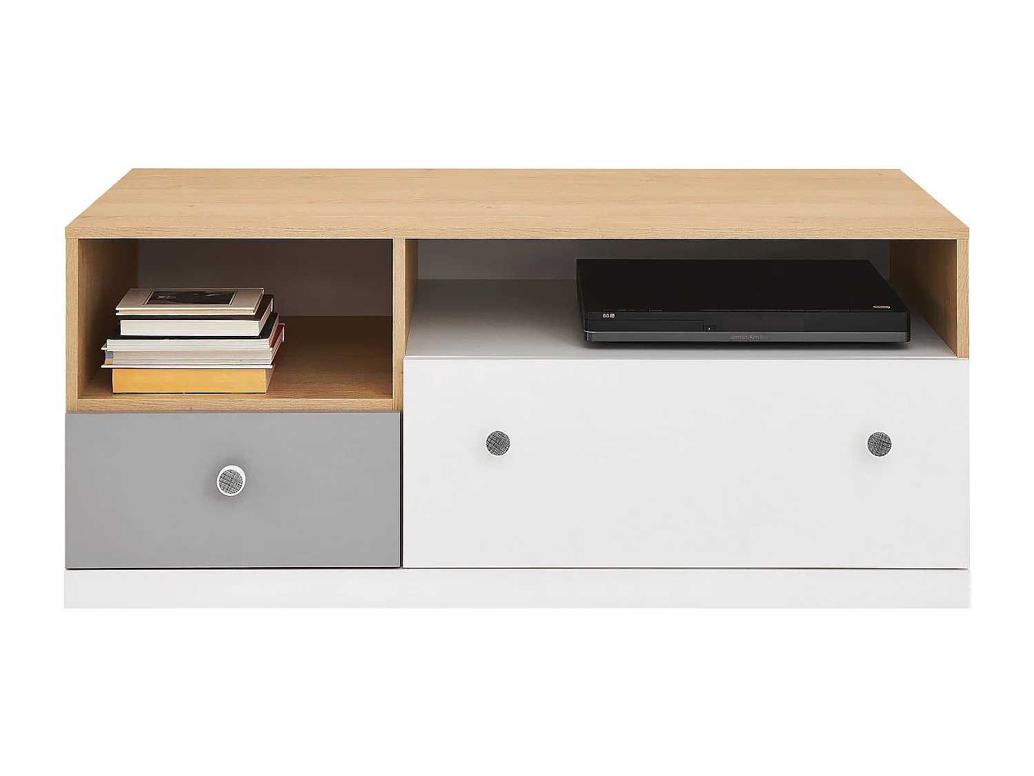 Mobile porta TV Tesmonu 110, Bianco|Quercia|Grigio, Numero di cassetti: 2.00, 120x50x50cm