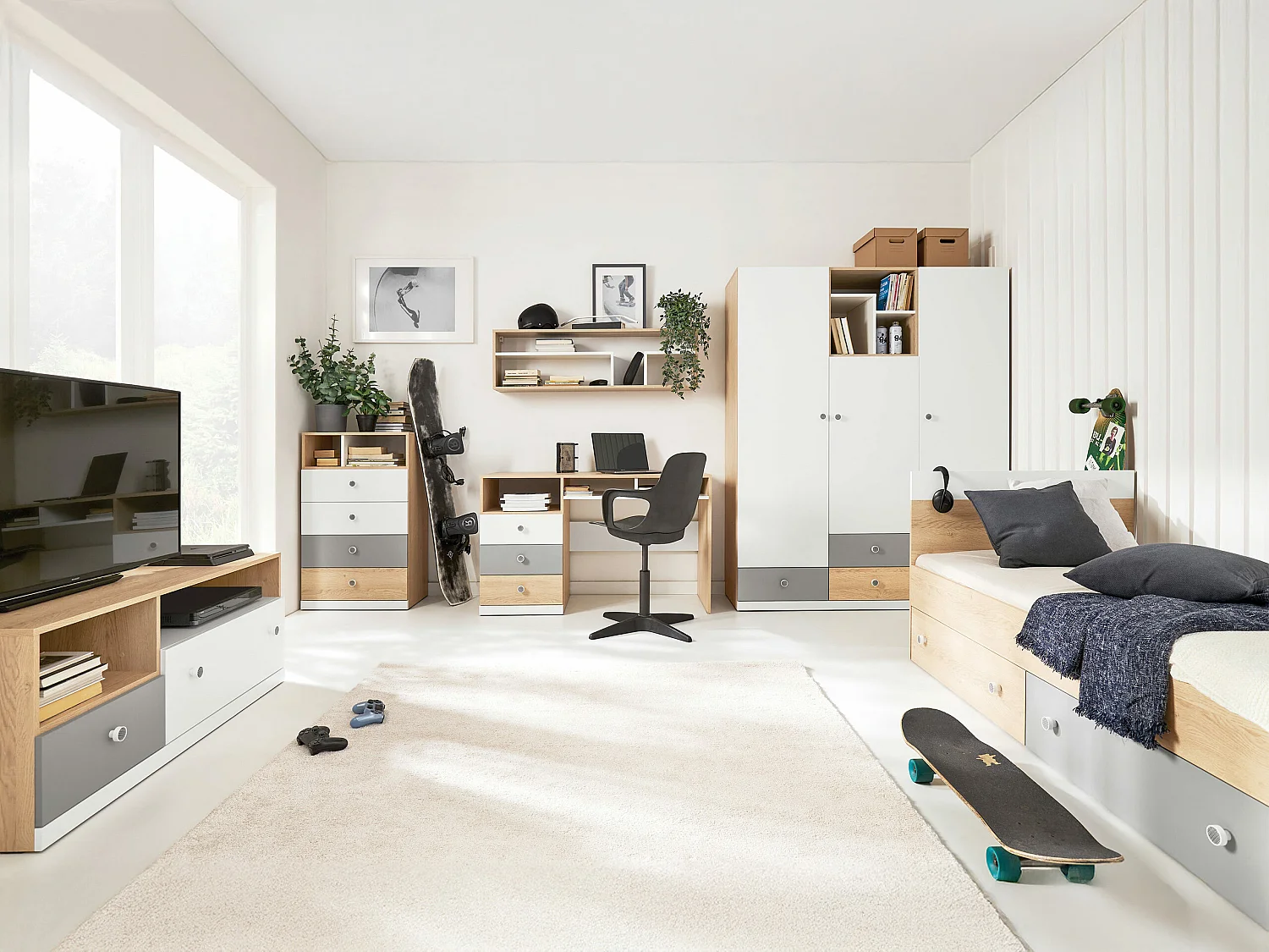 Mobile porta TV Tesmonu 110, Bianco|Quercia|Grigio, Numero di cassetti: 2.00, 120x50x50cm