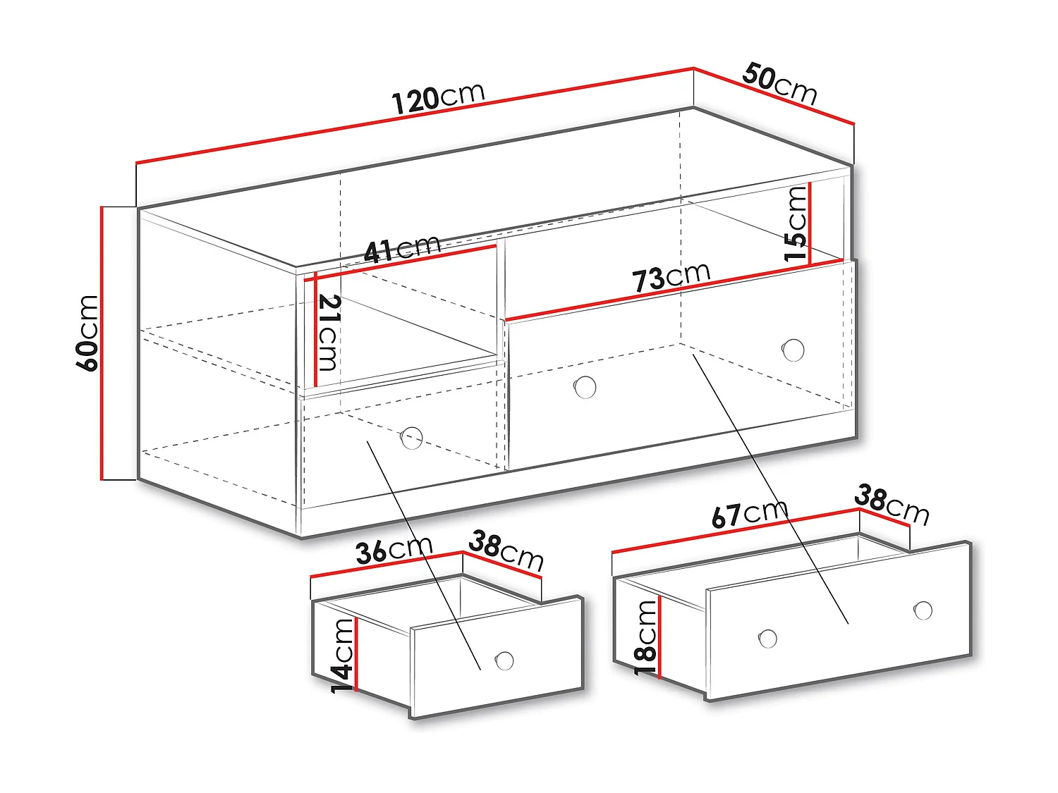 Mobile porta TV Tesmonu 110, Bianco|Quercia|Grigio, Numero di cassetti: 2.00, 120x50x50cm
