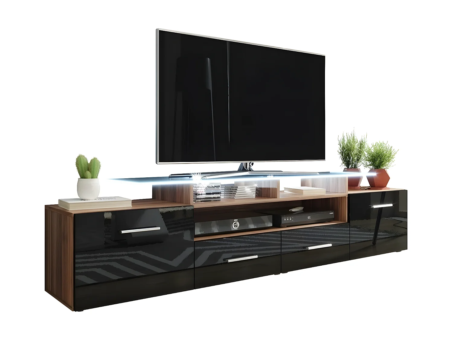 Meuble TV Charlotte 117, Prune|Noir brillant, Le nombre de portes: 2, 194x38x39cm