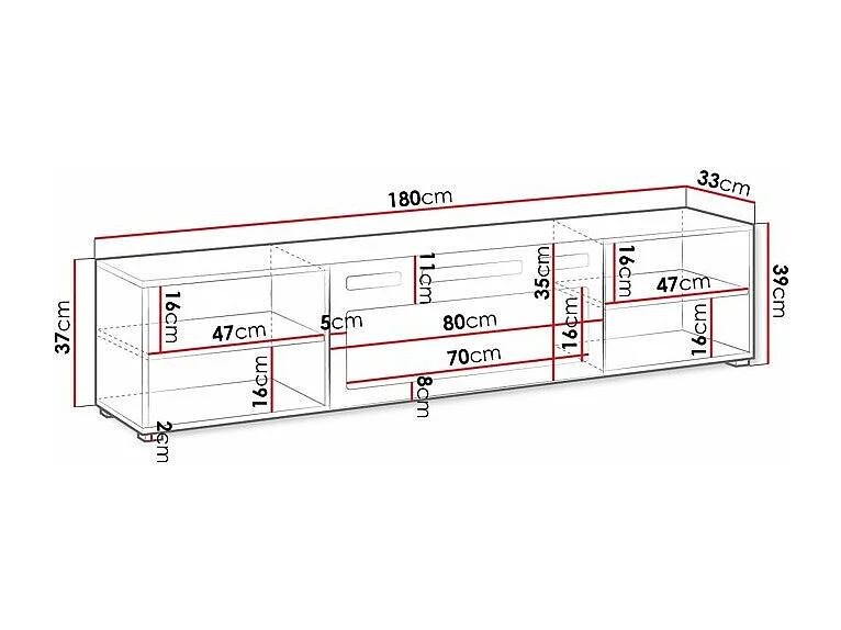 Meuble TV Charlotte 190, Blanc|Noir, 180x39x33cm