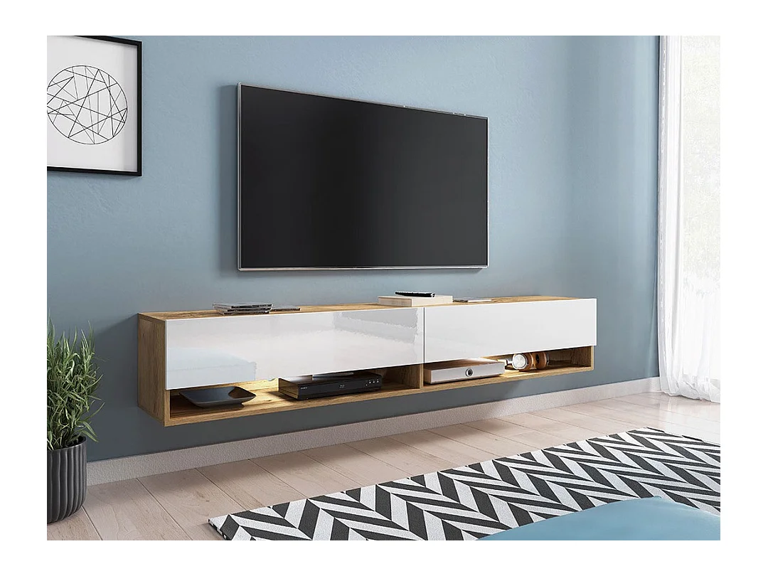 Meuble TV Sarasota 119, Chêne wotan|Blanc brillant, Le nombre de portes: 2, 180x30x33cm
