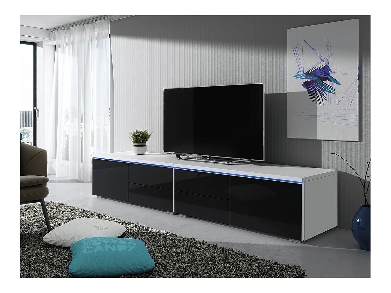 Mueble TV Nashville 129, Blanco|Negro brillante, Número de puertas: 2.00, 200x35x45cm