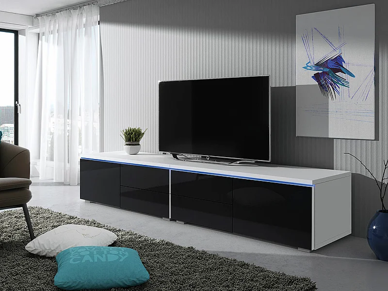 Mueble TV Nashville 129, Blanco|Negro brillante, Número de puertas: 2.00, 200x35x45cm