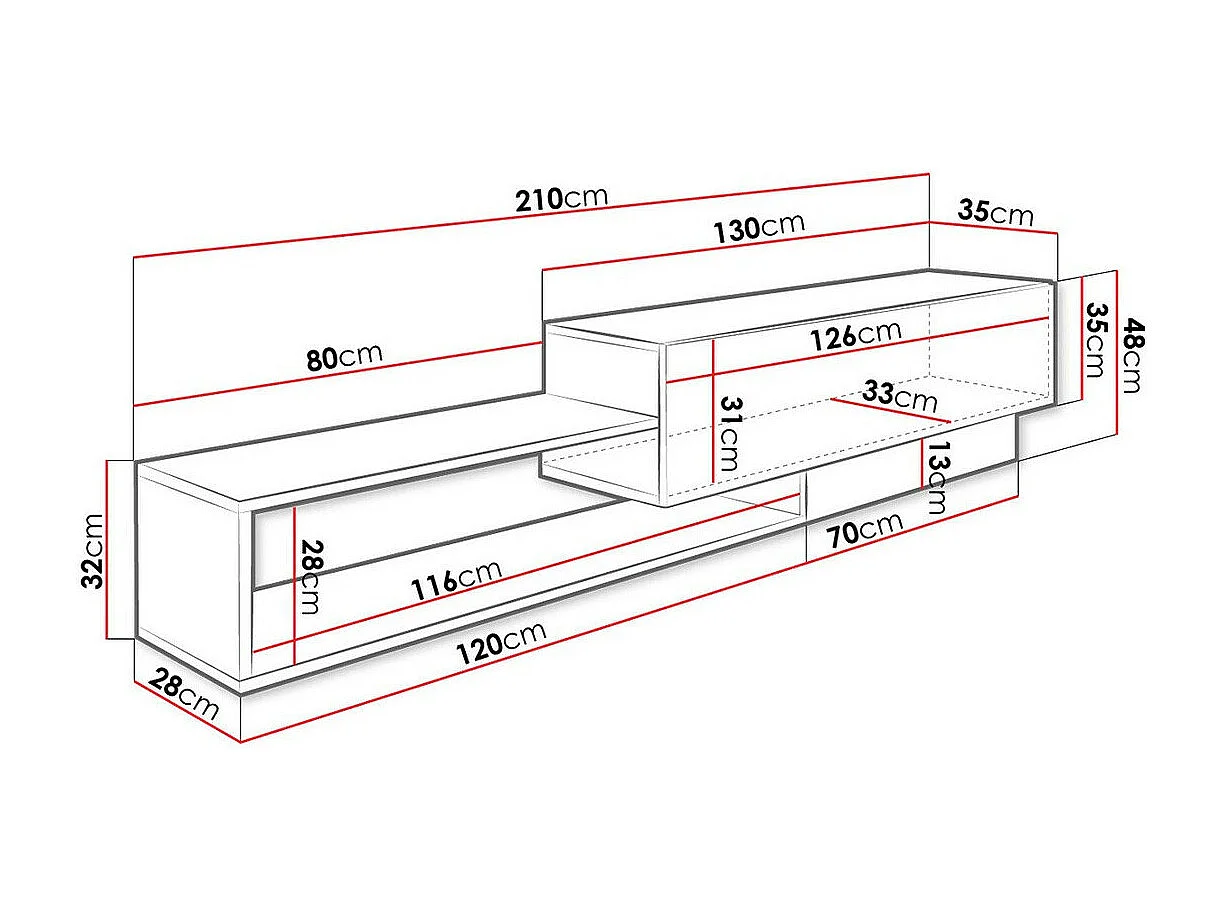 Meuble TV Utica 117, Chêne wotan|Blanc, Le nombre de portes: 1, 210x48x35cm