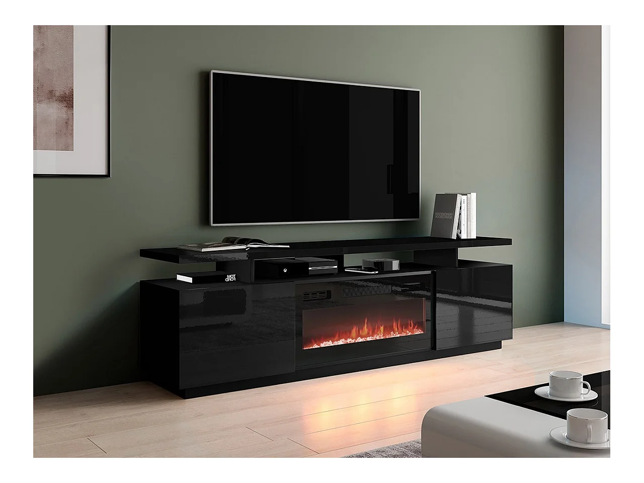 Mobile porta TV Charlotte 151, Nero|Nero lucido, Il numero di porte: 2.00, 180x56x40cm
