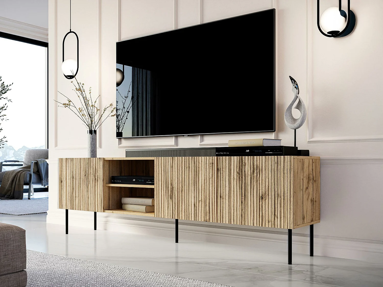 Mueble TV Charlotte K103, Wotan roble|Negro, Número de puertas: 4.00, 190x60x41cm