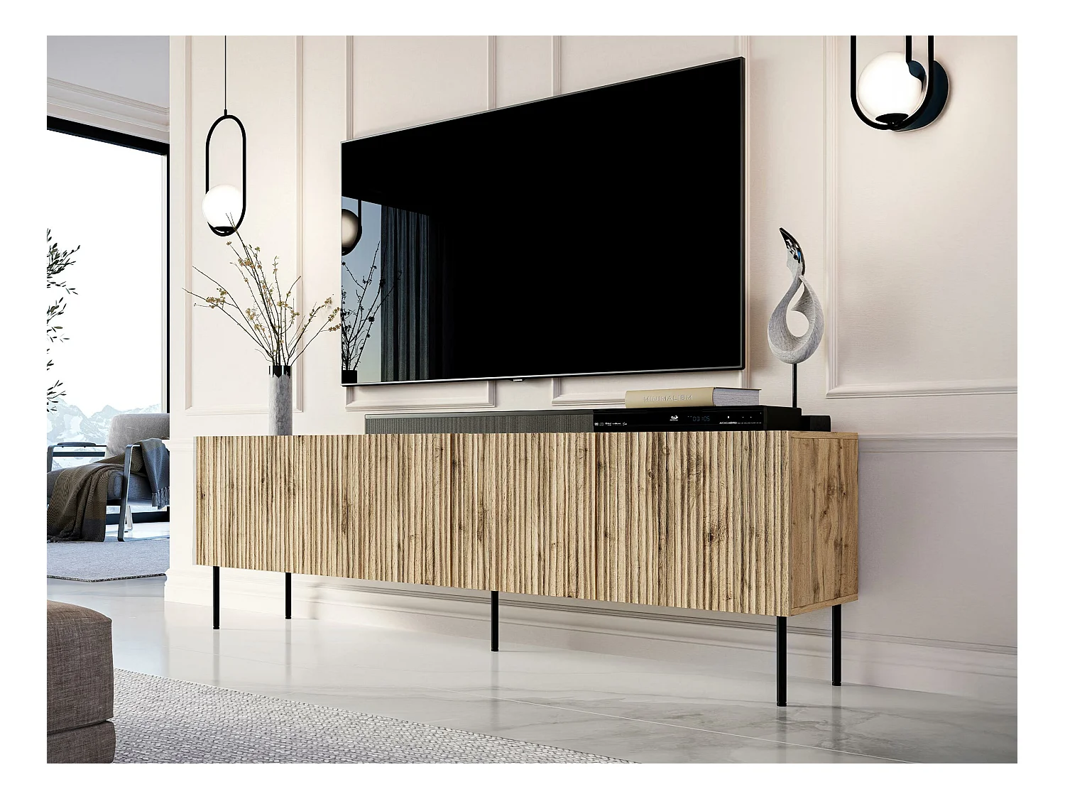 Meuble TV Lorelbo 103, Noir|Chêne wotan, Le nombre de portes: 4, 190x60x41cm
