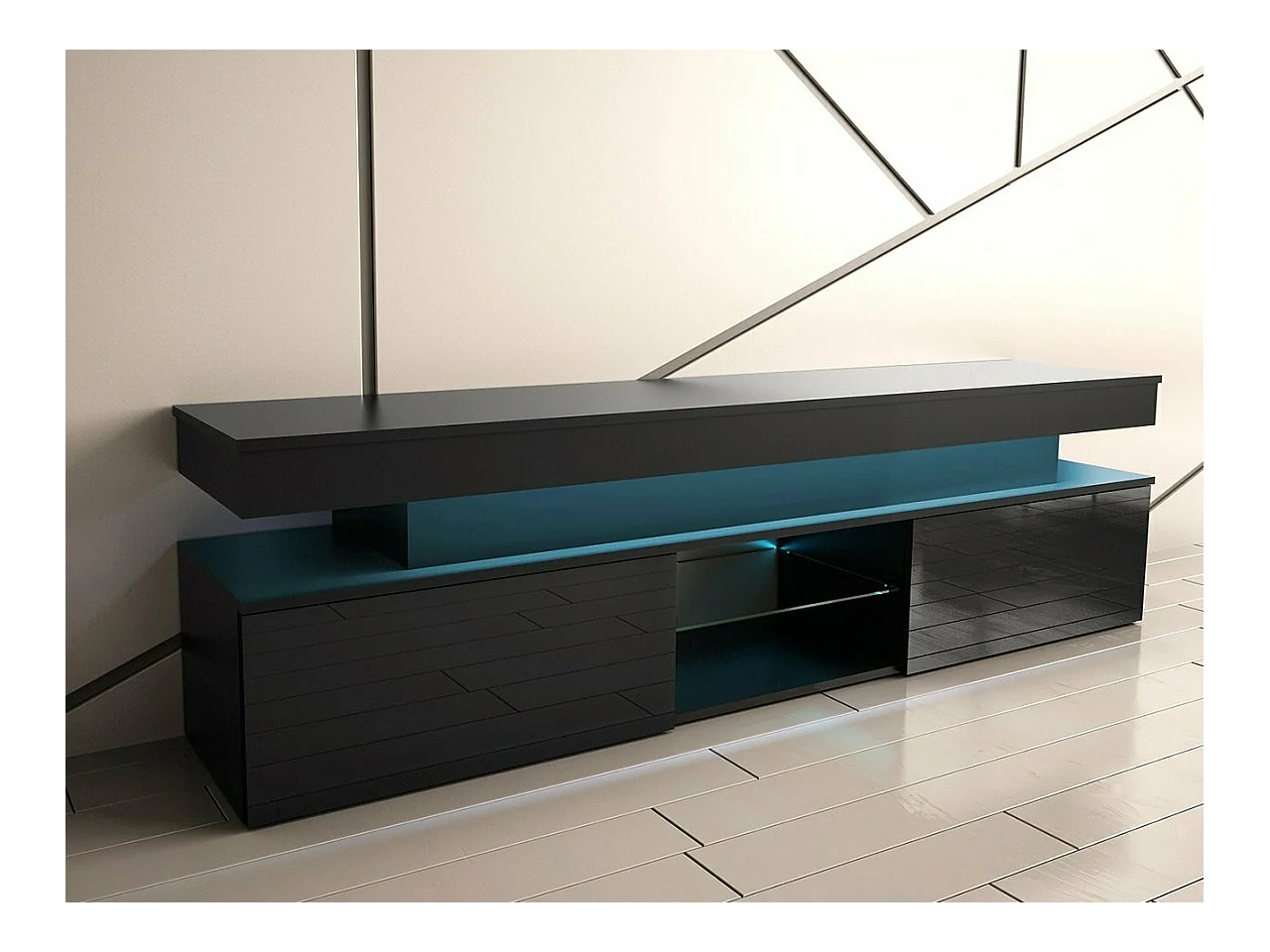 Meuble TV Monfero 103, Noir brillant|Noir, 190x54x39cm