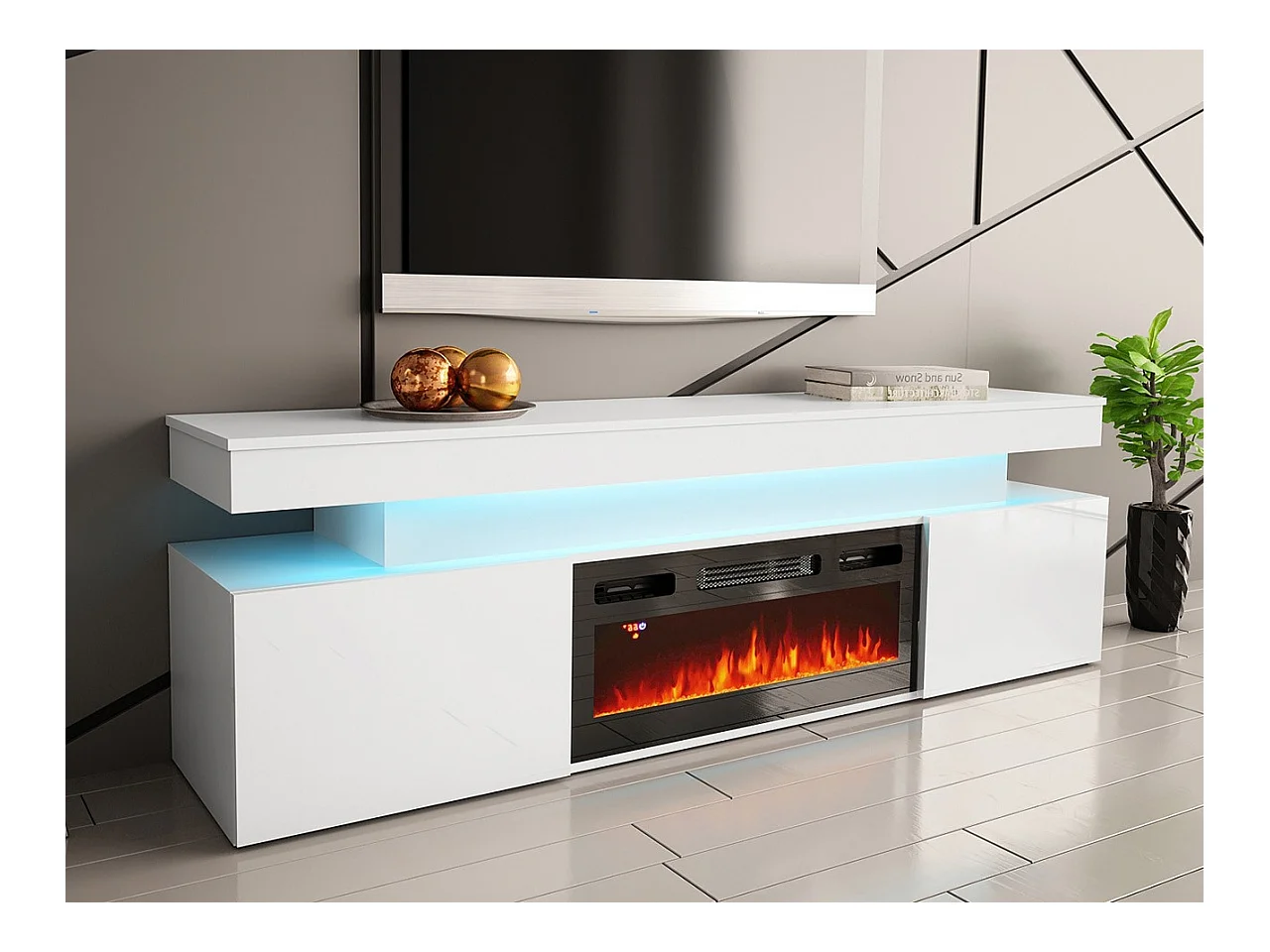Mueble TV Merced N104, Blanco|Blanco brillante, 190x59x41cm