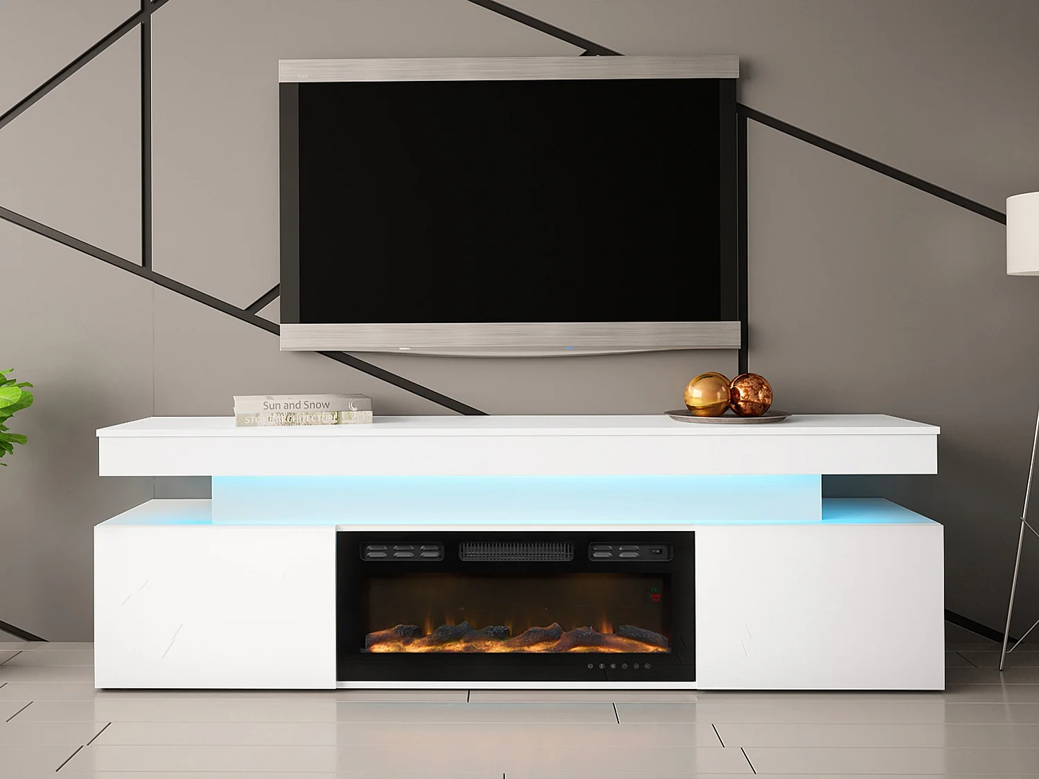 Meuble TV Monfero 104, Blanc|Blanc brillant, 190x59x41cm