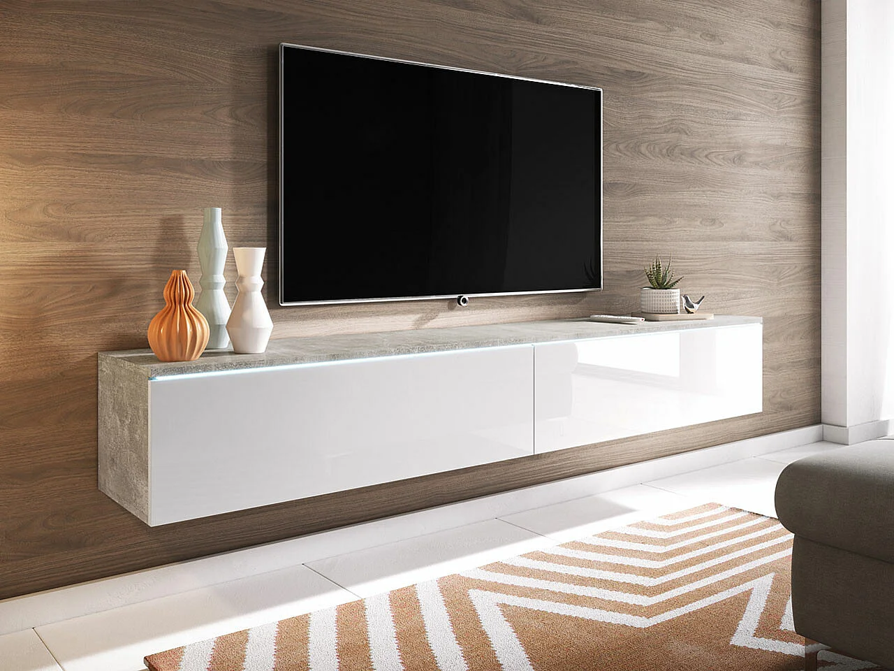 Mueble TV Sarasota 121, Hormigón|Blanco brillante, Número de puertas: 2.00, 180x30x33cm