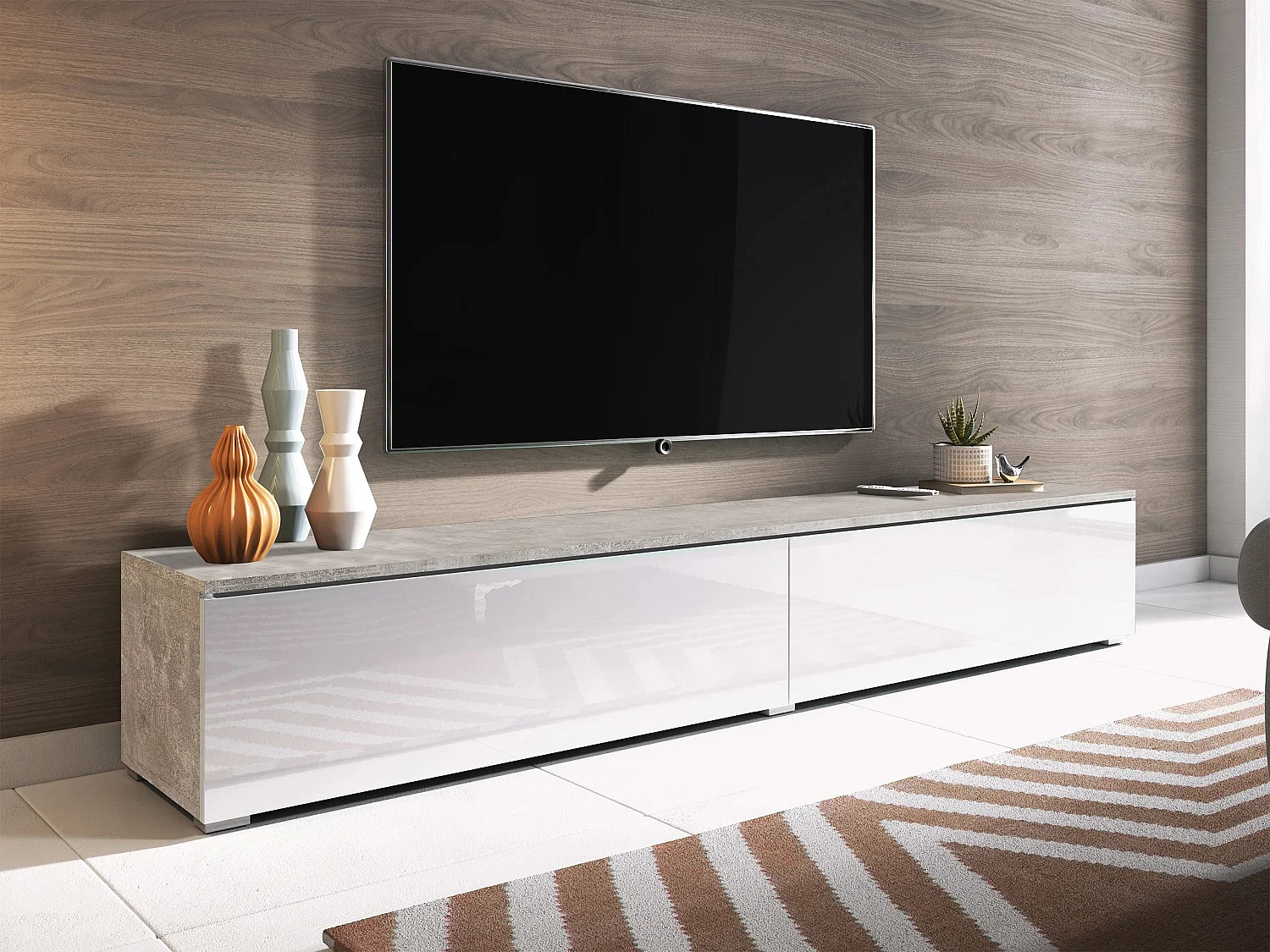 Mueble TV Sarasota 121, Hormigón|Blanco brillante, Número de puertas: 2.00, 180x30x33cm