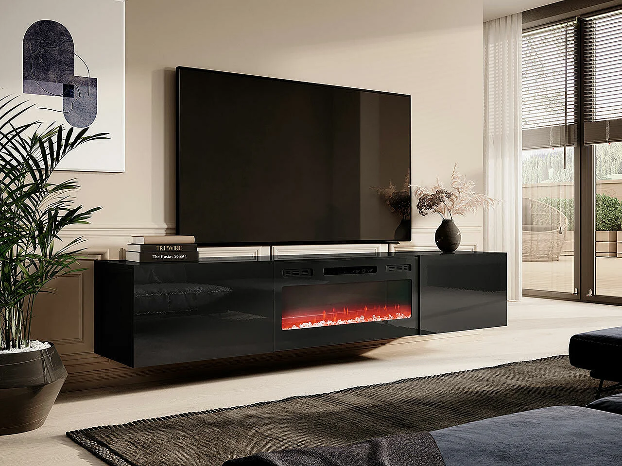 Mueble TV Charlotte 162, Negro brillante|Negro, Número de puertas: 2.00, 200x37x40cm