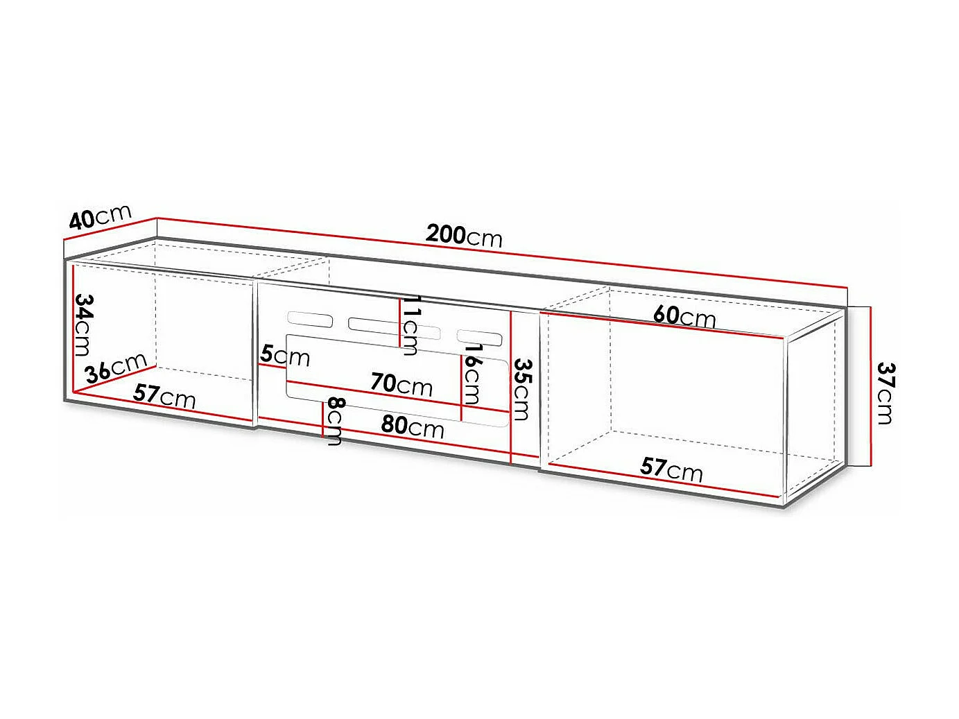 Mueble TV Charlotte 162, Negro brillante|Negro, Número de puertas: 2.00, 200x37x40cm