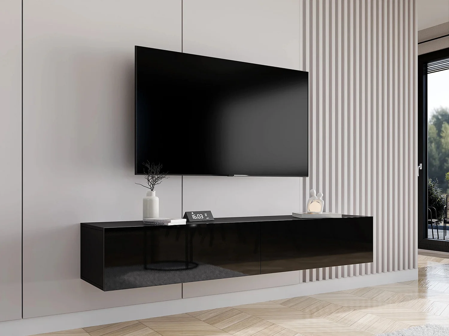 Mueble TV Charlotte A122, Negro brillante|Negro, Número de puertas: 2.00, 180x30x40cm