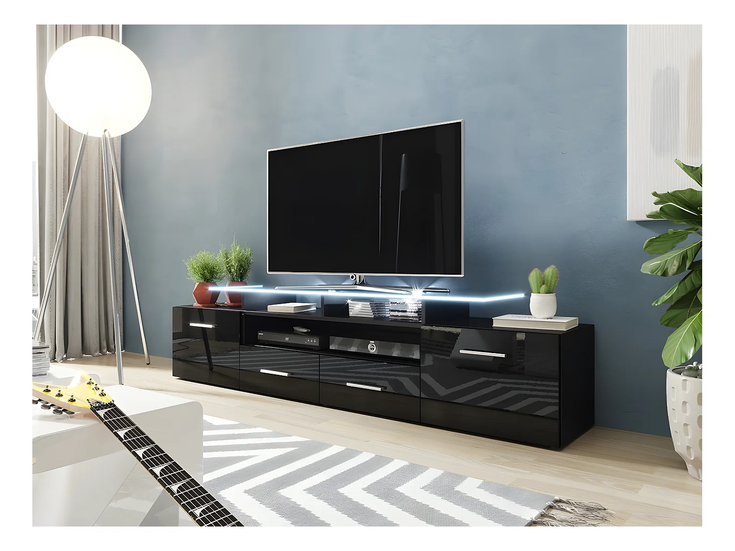 Mobile porta TV Charlotte 117, Nero|Nero lucido, Il numero di porte: 2.00, 194x38x39cm