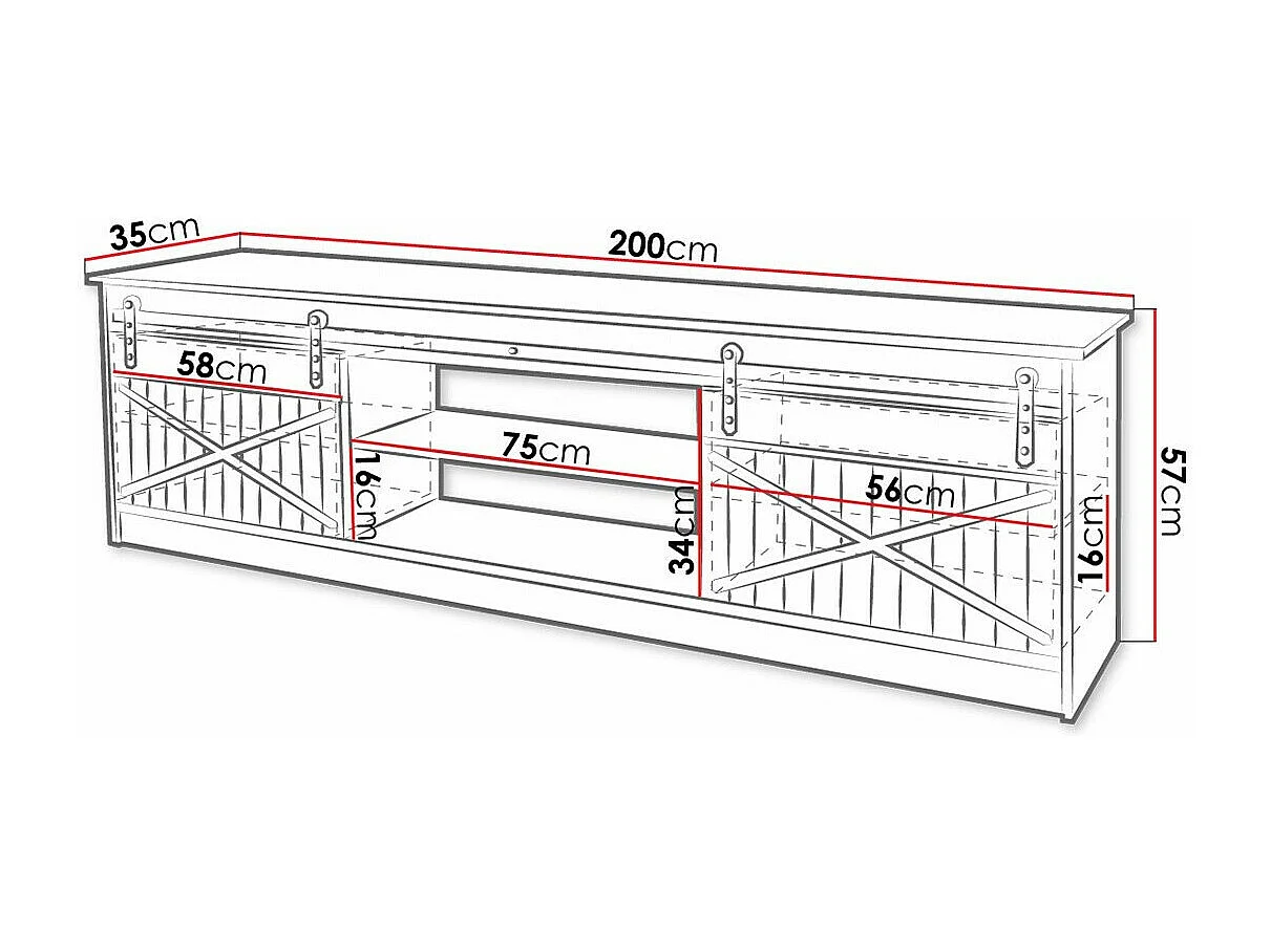Meuble TV Charlotte 156, Blanc brillant|Blanc, Le nombre de portes: 2, 200x57x35cm