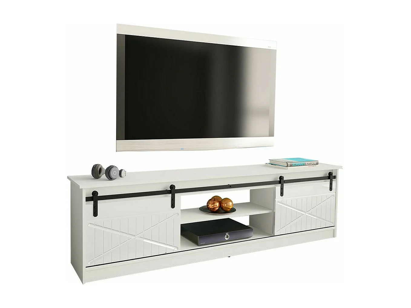 Mobile porta TV Charlotte 156, Bianco|Bianco lucido, Il numero di porte: 2.00, 200x57cm