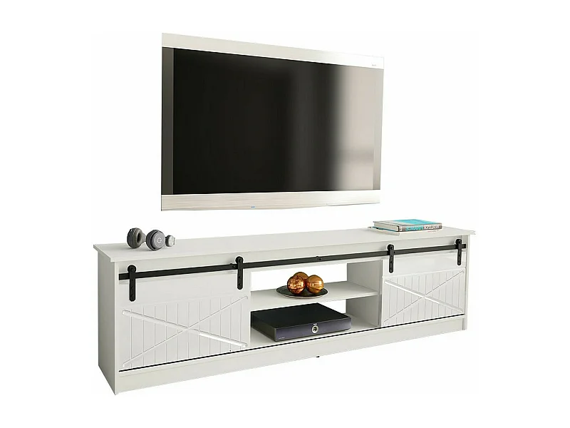 Meuble TV Charlotte 156, Blanc brillant|Blanc, Le nombre de portes: 2, 200x57x35cm
